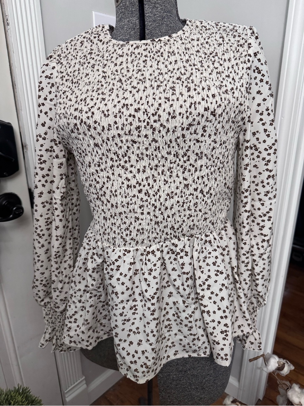 Cream Long Sleeve Smocked Floral Peplum Top by Miss Sparkling Large